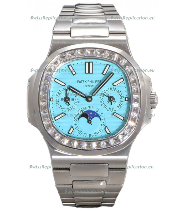 Patek Philippe Nautilus 5740 Perpetual Calendar White Gold Tiffany Dial Diamonds Bezel Swiss Replica Watch 