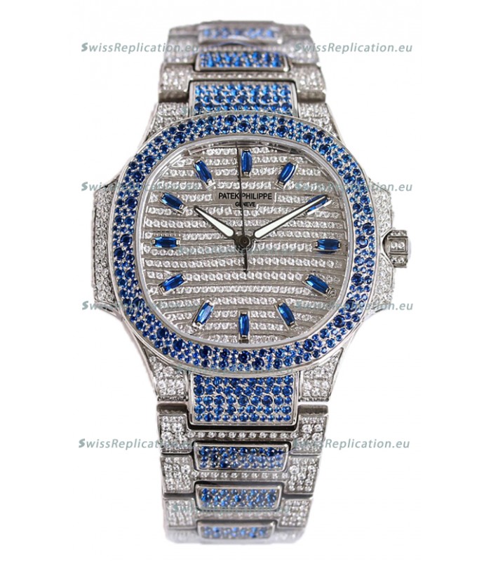 Patek Philippe Nautilus 7118R 35MM 1:1 Blue Diamonds Paved Watch in Steel Casing 
