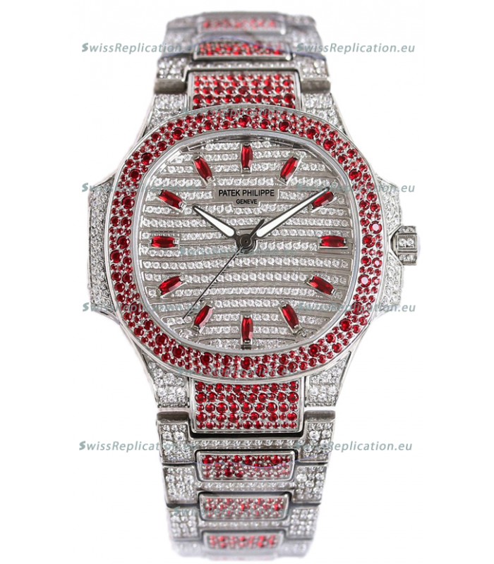Patek Philippe Nautilus 7118R 35MM 1:1 Red Diamonds Paved Watch in Steel Casing 
