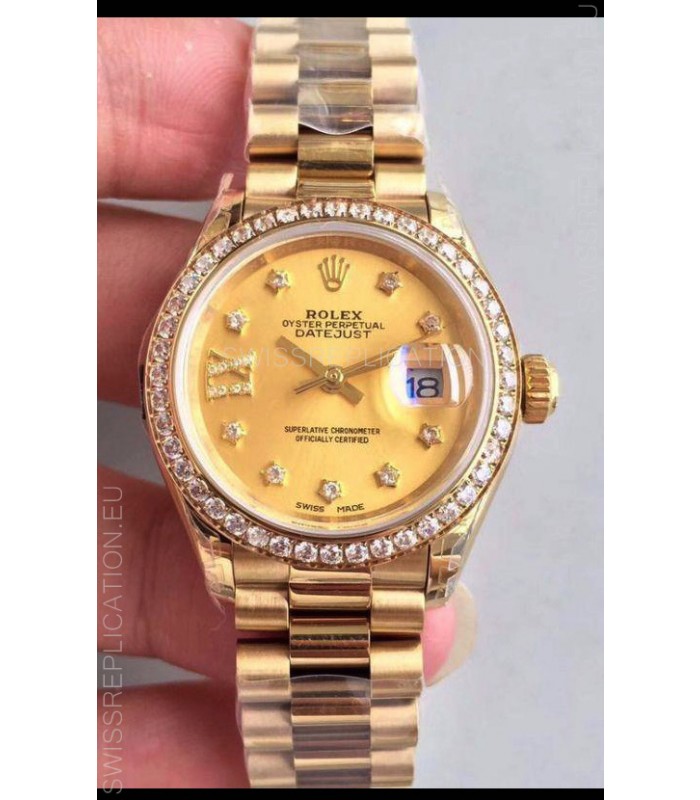 Rolex Datejust Ladies 28MM Cal.3135 Movement Swiss Replica in Gold Dial - 904L Steel Yellow Gold Case