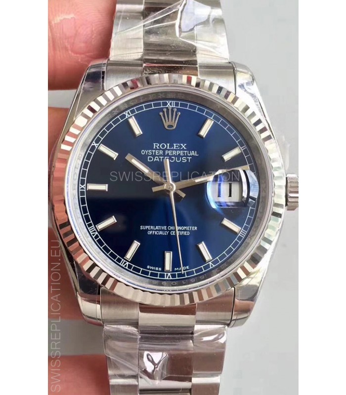 Rolex Datejust 36MM Cal.3135 Movement Swiss Replica Watch in 904L Steel Casing in Blue Dial