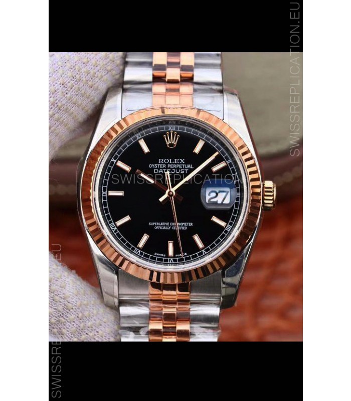 Rolex Datejust 36MM Cal.3135 Movement Swiss Replica Watch in 904L Steel Two Tone Casing Black Dial