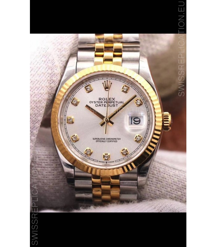 Rolex Datejust 36MM Cal.3135 Movement Swiss Replica Watch in 904L Steel Two Tone Casing Silver Dial