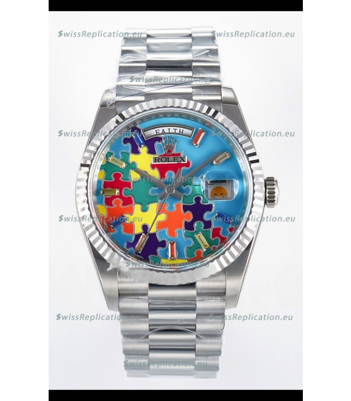 Rolex Day Date Emoji Jig-Saw Puzzle Stainless Steel Casing Swiss Replica Watch 