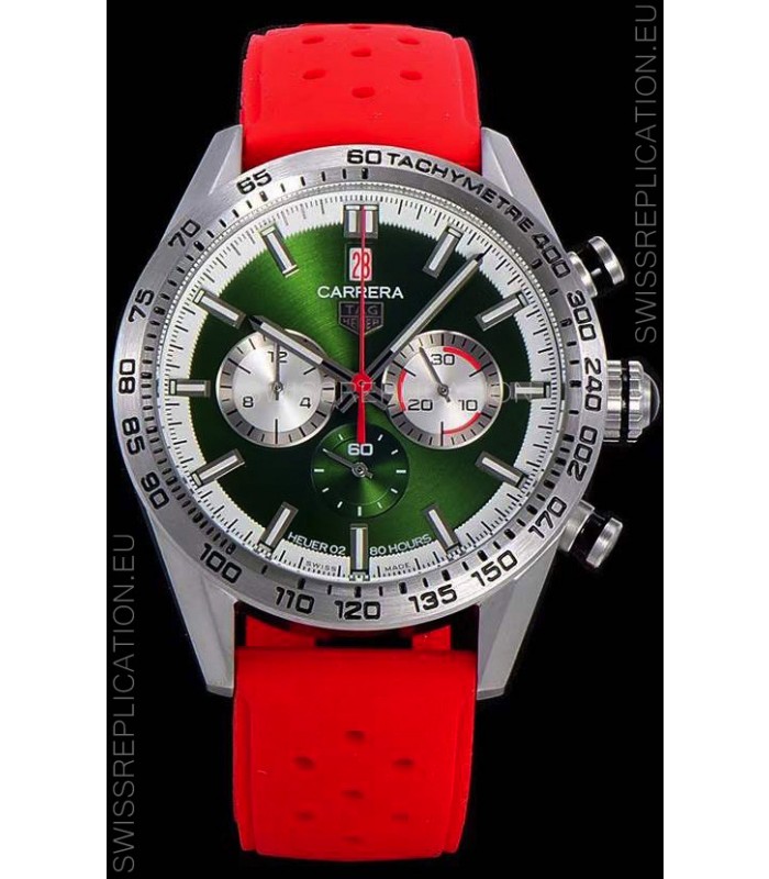 Tag Heuer Carrera Swiss Quartz Movement Replica Watch in Green Dial - Red Rubber Strap