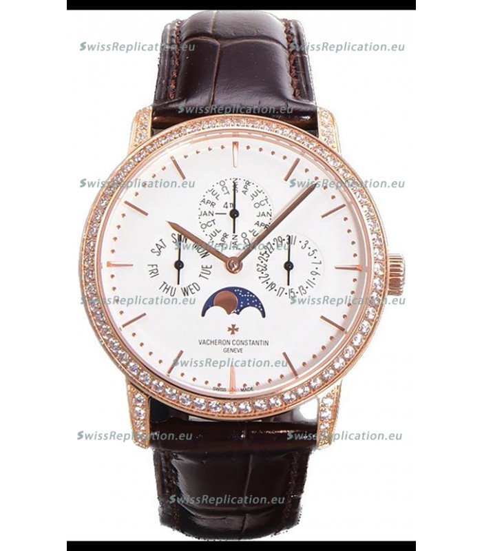 Vacheron Constantin Patrimony Perpetual Calendar Ultra-Thin Rose Gold White Dial Swiss Replica