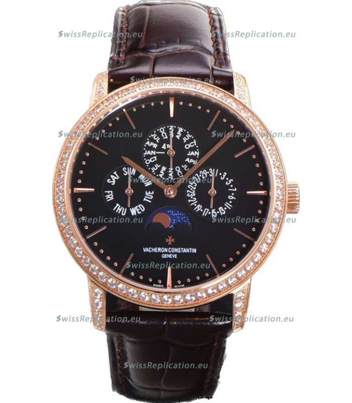 Vacheron Constantin Patrimony Perpetual Calendar Ultra-Thin Rose Gold Black Dial Swiss Replica