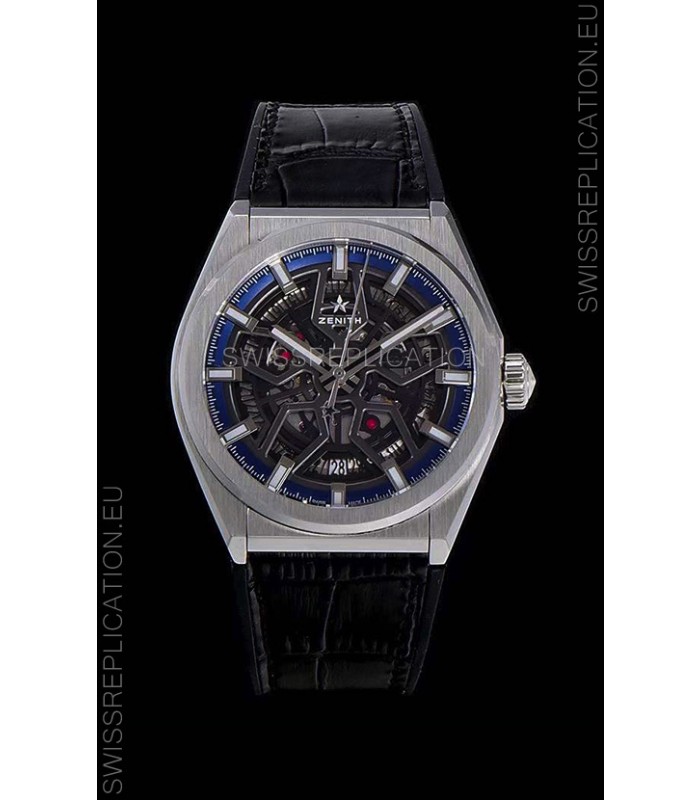 Zenith Defy Classic Skeleton 41 mm Titanium Men's Swiss Replica Watch - Black Leather Strap
