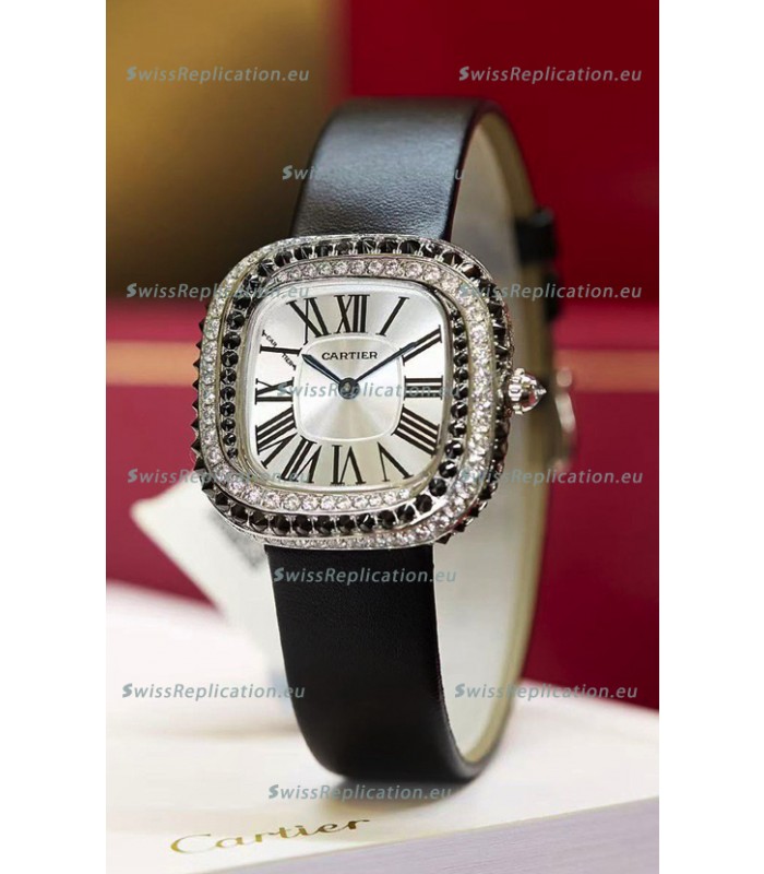 Coussin De Cartier Steel Watch Swiss Replica Watch Black Strap 