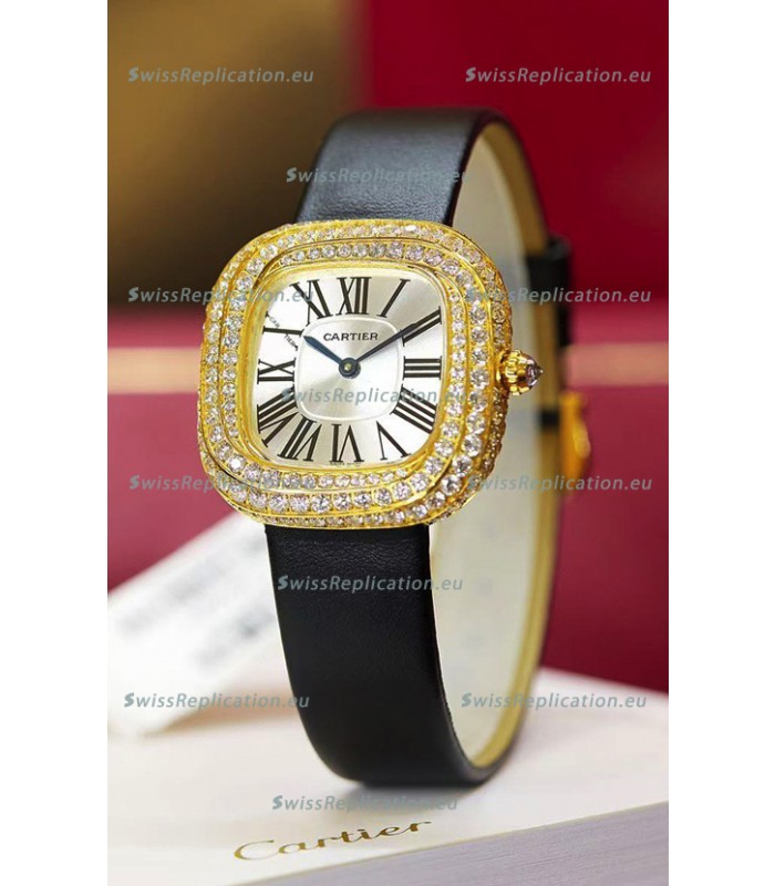 Coussin De Cartier Yellow Gold Swiss Replica Watch Black Strap 
