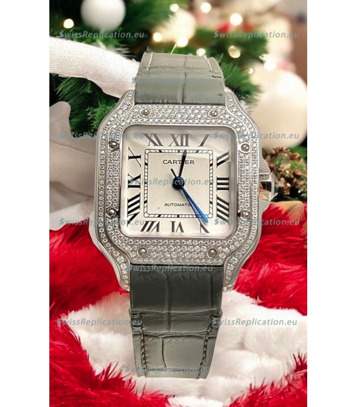 Santos De Cartier Watch in White Dial 39.50MM MOSSANITES Paved Bezel Swiss Replica Watch