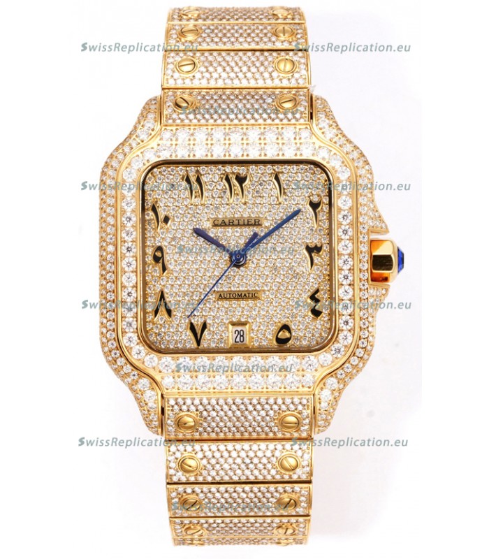Cartier "Santos De Cartier" Yellow Gold W/ Diamonds Arabic Dial 1:1 Mirror Replica - 40MM - Genuine Diamonds