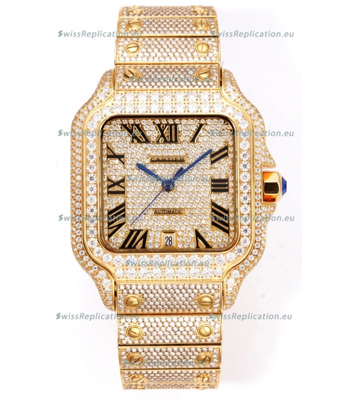 Cartier "Santos De Cartier" Yellow Gold W/ Diamonds Roman Dial 1:1 Mirror Replica - 40MM - Genuine Diamonds
