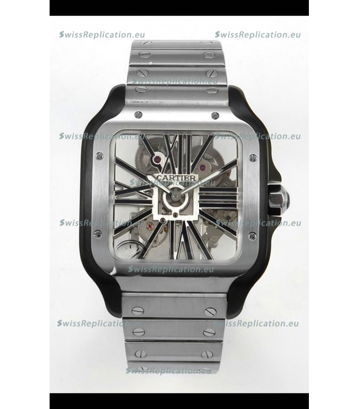 Santos De Cartier Super Clone Watch in Skeleton Dial Brushed DLC Coated Steel Casing Watch 