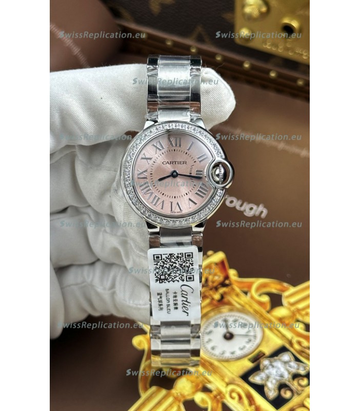 Ballon De Cartier Swiss Quartz 1:1 Mirror Quality 33MM in Steel Pink Dial 