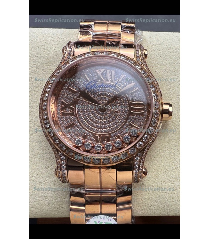 Chopard Happy Sport Super Clone Automatic Watch 36MM in Rose Gold Casing Mossanites Dial