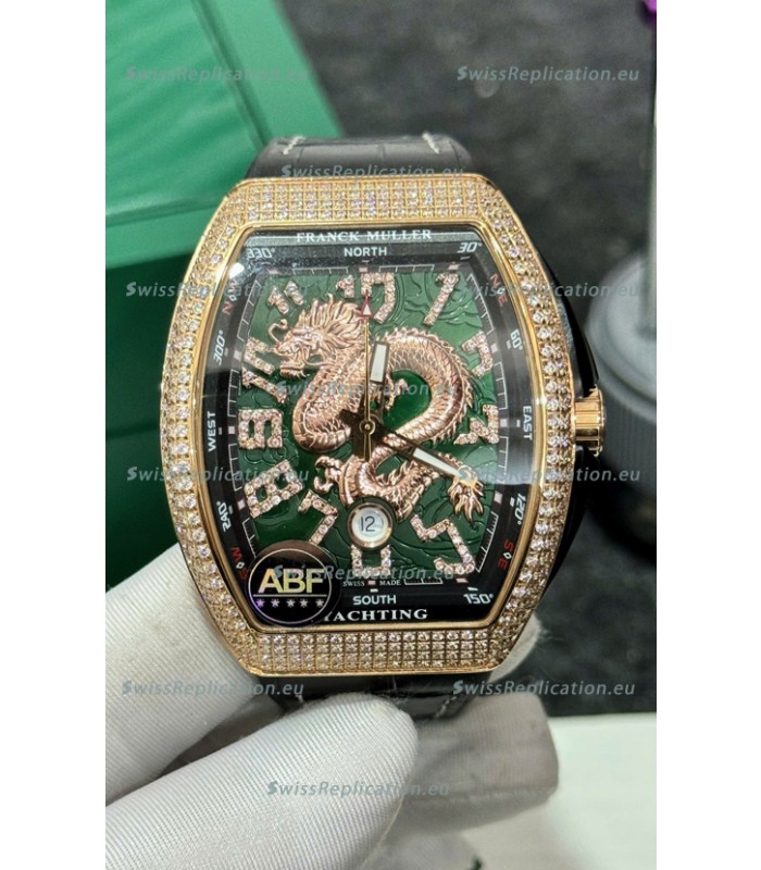 Franck Muller Vanguard Yachting Dragon V45 Green Dial in Gold Diamonds Bezel Swiss Replica