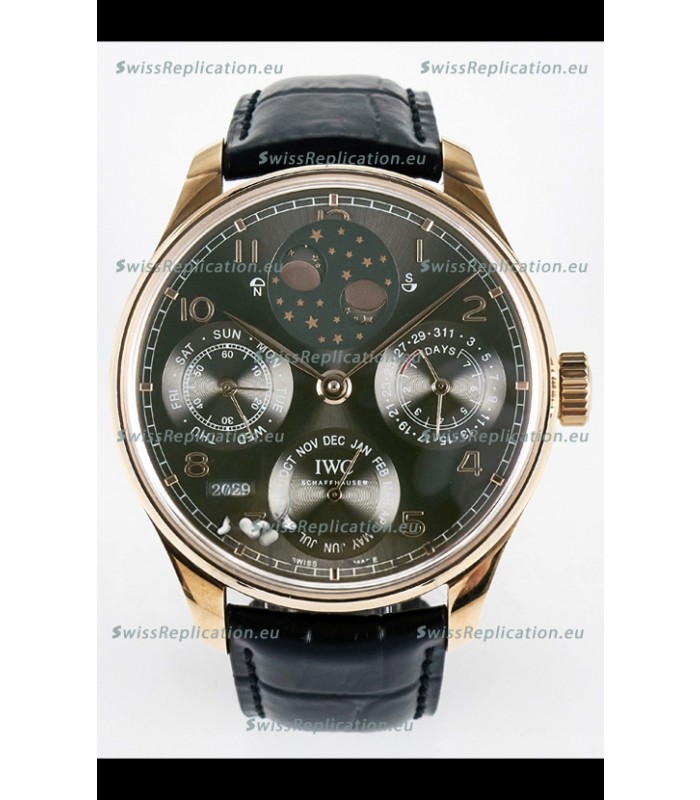 IWC Super Clone Portuguese Perpetual Calendar Rose Gold Grey Dial Replica Watch 