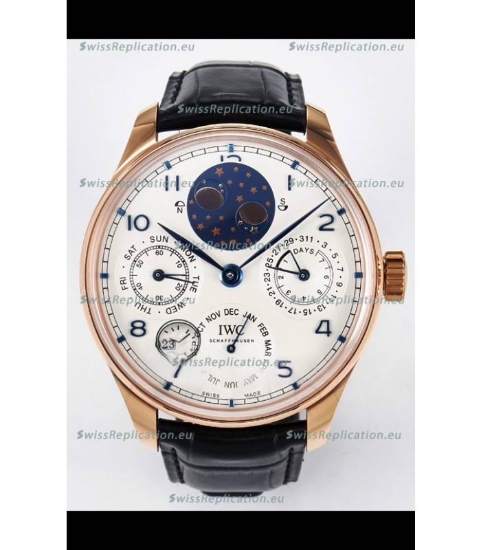 IWC Super Clone Portuguese Perpetual Calendar Rose Gold White Dial Replica Watch 