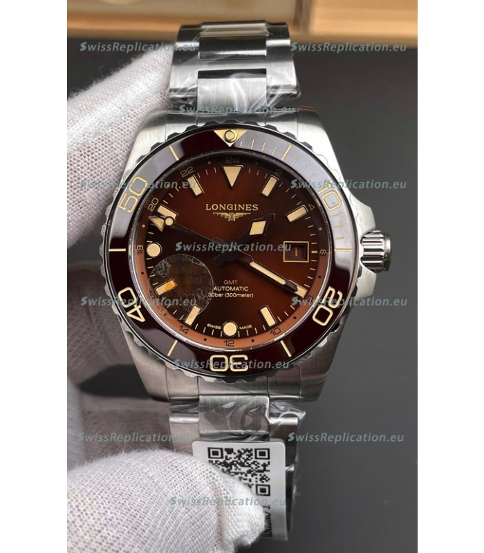 Longines HydroConquest GMT 1:1 Mirror Swiss Replica Watch in Brown Dial Steel Strap