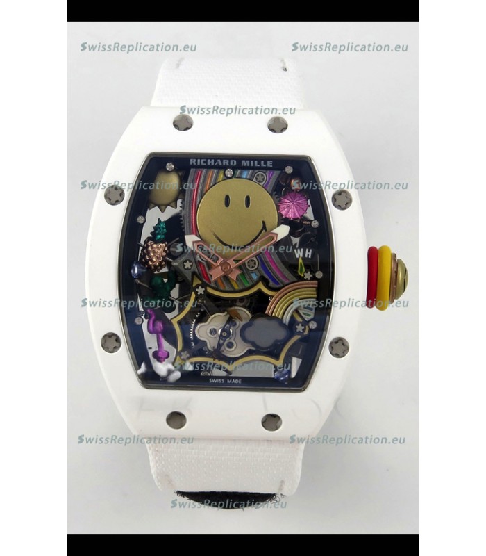 Richard Mille Super Clone RM088 Smiley Tourbillon White Ceramic Velcro Strap Watch 