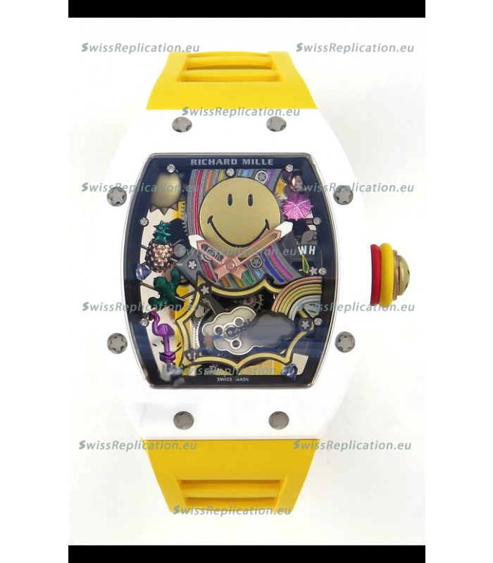 Richard Mille Super Clone RM088 Smiley Tourbillon White Ceramic Rubber Strap Watch 