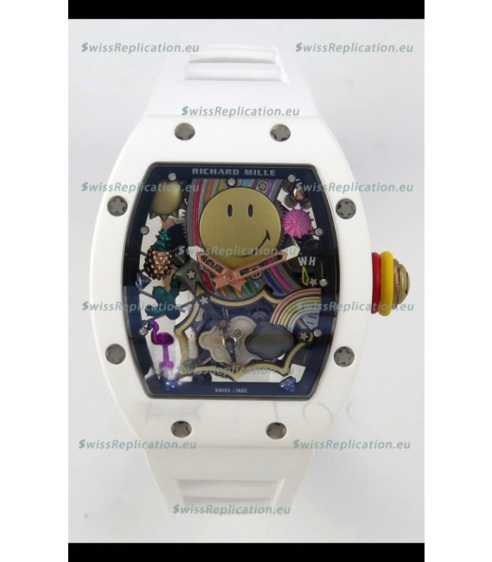 Richard Mille Super Clone RM088 Smiley Tourbillon White Ceramic Rubber Strap Watch 