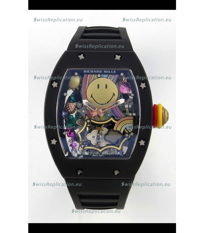 Richard Mille Super Clone RM088 Smiley Tourbillon Black Ceramic Rubber Strap Watch 