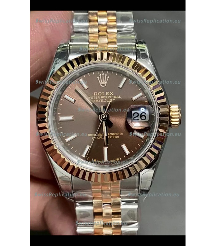 Rolex Datejust Super Clone Brown Dial 2 Tone Rose Gold Watch 28MM