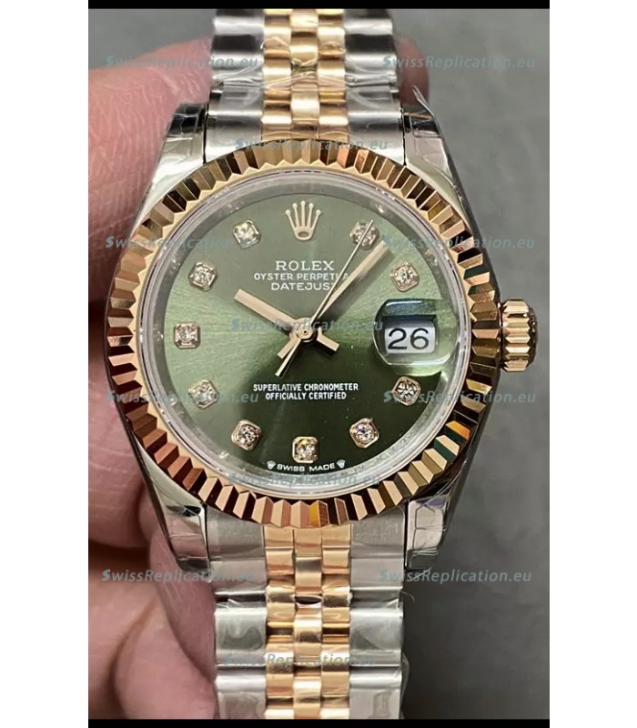 Rolex Datejust Super Clone Green Dial 2 Tone Rose Gold Watch 28MM
