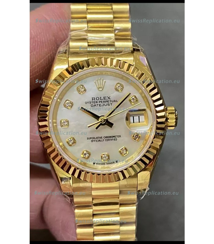 Rolex Datejust Super Clone Pearl Dial Yellow Gold Casing Watch 28MM