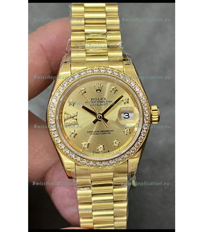 Rolex Datejust Super Clone Gold Dial Yellow Gold Casing Watch 28MM