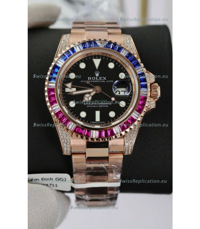 Rolex GMT Masters Super Clone Diamonds Swiss watch with Rose Gold 904L Case - 1:1 Mirror Quality