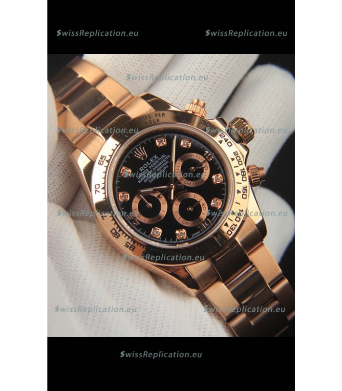 Rolex Daytona Japanese Movement Gold Casing Replica Watch in Black Dial 