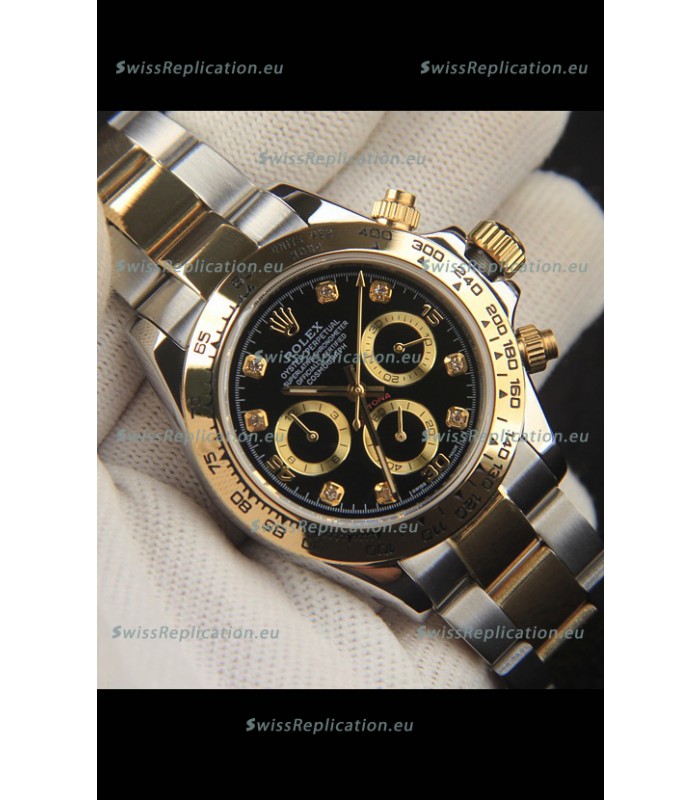 Rolex Daytona Japanese Movement Two Tone Gold Casing Watch in Black Dial 
