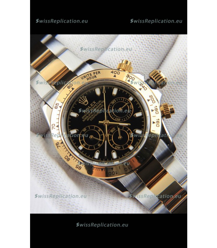 Rolex Daytona Japanese Movement Two Tone Gold Casing Watch in Black Dial 