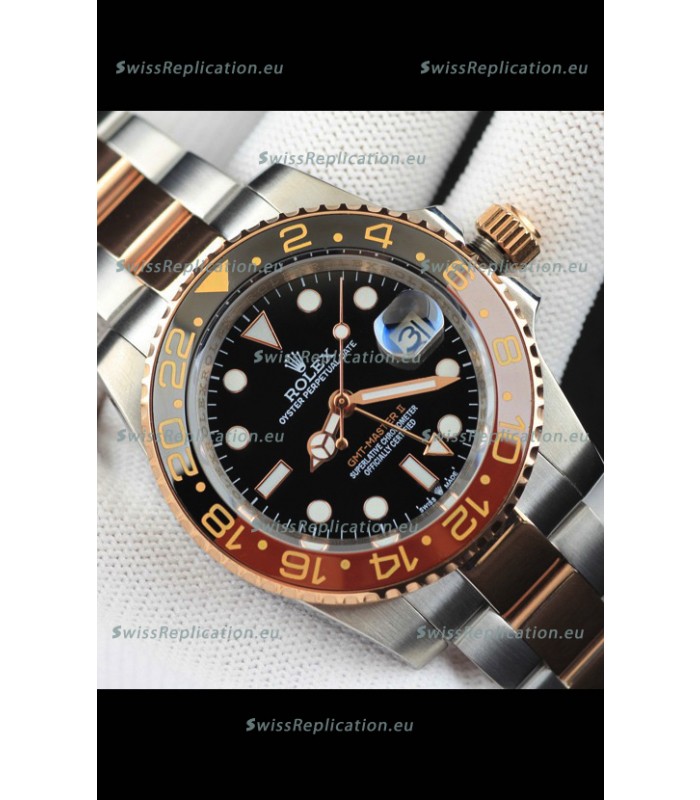 Rolex GMT Masters II 2 Tone Rose Gold Plating Japanese Replica Watch Black Dial