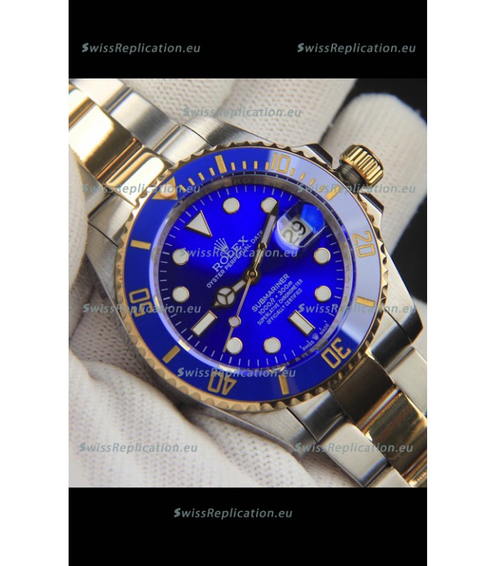 Rolex Submariner Japanese Replica Watch 904L 2 Tone Yellow Gold - Ceramic Bezel in Blue
