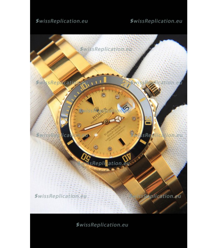 Rolex Submariner Japanese Replica Watch in Yellow Gold Casing Black Bezel
