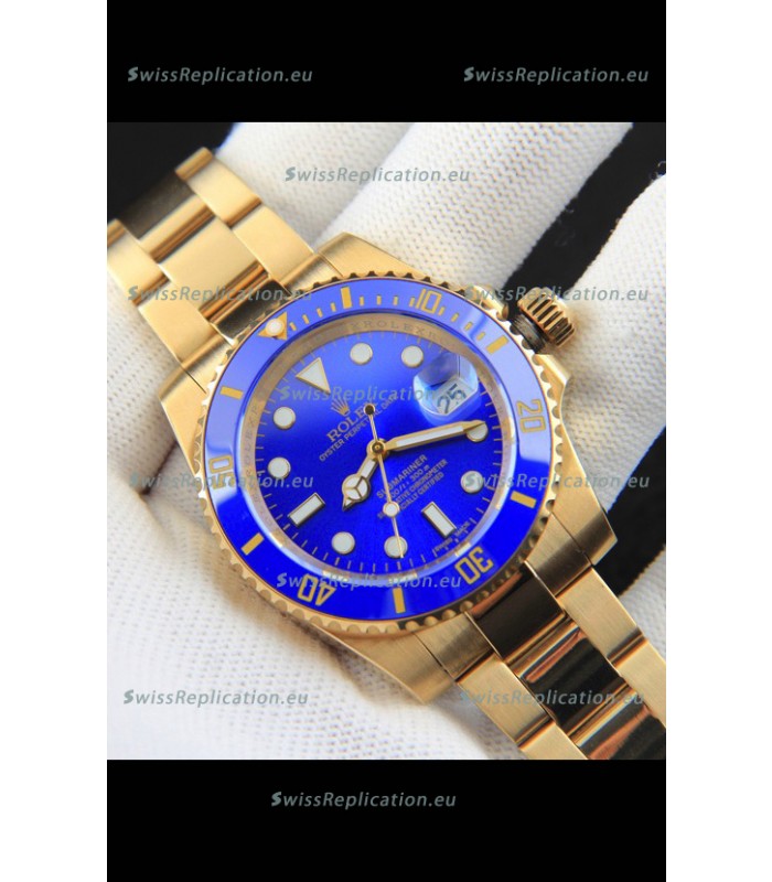 Rolex Submariner Japanese Replica Watch in Yellow Gold Casing Blue Dial 