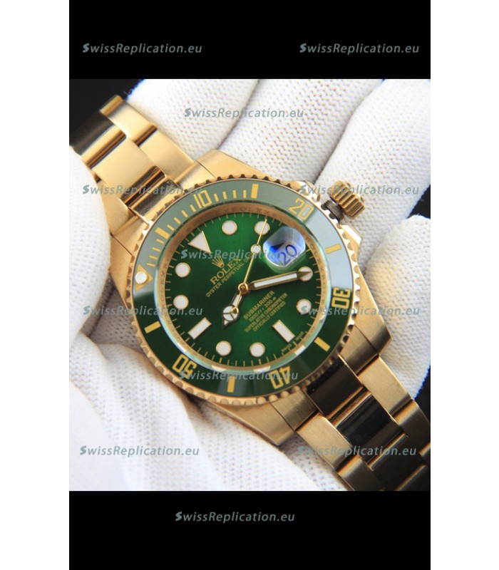 Rolex Submariner Japanese Replica Watch in Yellow Gold Casing Green Dial 