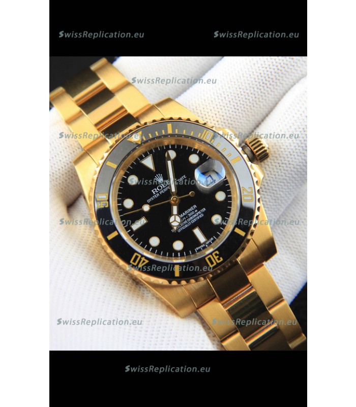 Rolex Submariner Japanese Replica Watch in Yellow Gold Casing Black Dial 