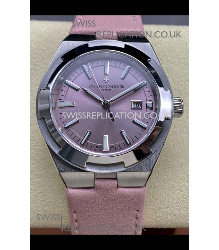 Vacheron Constantin Overseas 35MM Pink Dial Leather Strap Super Clone Watch 