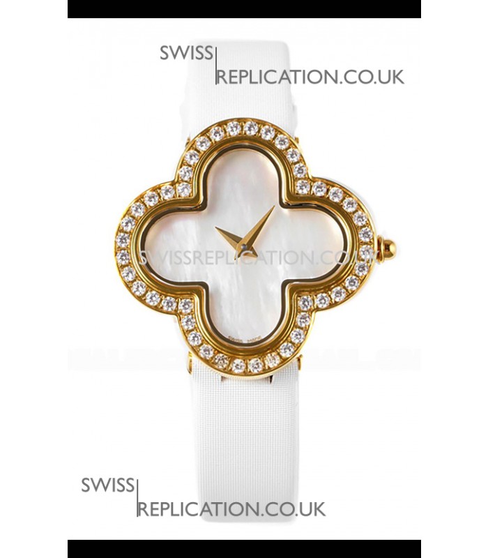 Van Cleef & Arpels Alhambra Yellow Gold Diamonds Bezel Pearl Dial Watch 