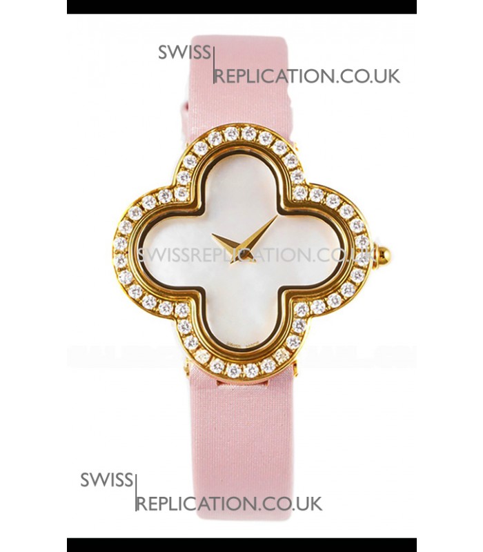 Van Cleef & Arpels Alhambra Yellow Gold Diamonds Bezel Pink Strap Watch 