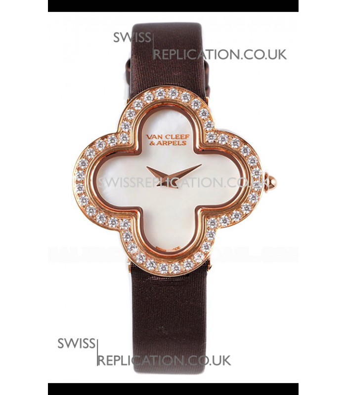 Van Cleef & Arpels Alhambra Rose Gold Diamonds Bezel Black Strap Watch 
