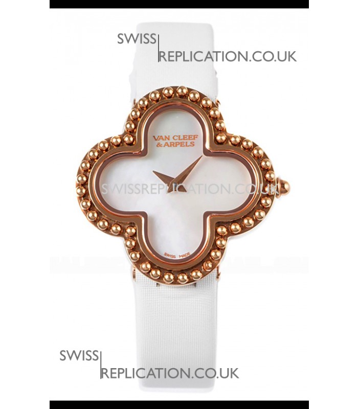 Van Cleef & Arpels Alhambra Rose Gold White Strap Watch 