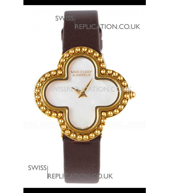 Van Cleef & Arpels Alhambra Yellow Gold Brown Strap Watch 
