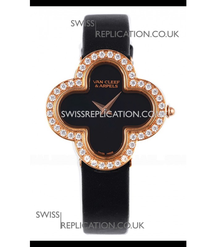 Van Cleef & Arpels Alhambra Rose Gold Diamonds Bezel Black Strap Watch 