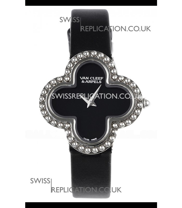 Van Cleef & Arpels Alhambra Stainless Steel Black Strap Watch 